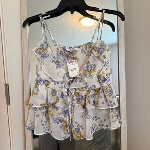 Love Tree White Floral Ruffle Tiered Camisole with Blue & Green Print
